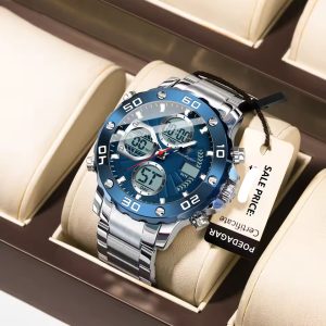 POEDAGAR E102 Quartz Electronic Waterproof Sport Stainless LED Alarm Dual Time Display Digital Watch