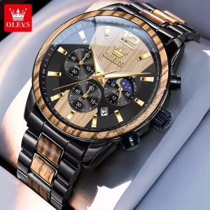 OLEVS 3645 Luxury Fashion Chronograph Wooden Watch For Men's - Black & Light Brown