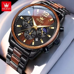 OLEVS 3645 Luxury Fashion Chronograph Wooden Watch For Men's - Black & Brown