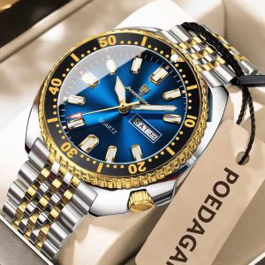 POEDAGAR 682 Luxury Fashion Men's Quartz Watch - Silver Gold Blue