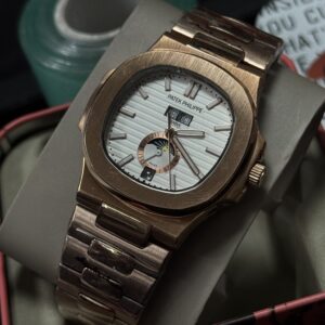 Patek Philippe Nautilus 5726 Annual Calendar Moonphase Watch – Rose Gold Tone Stainless Steel, White Dial, Automatic (42mm)