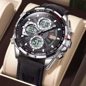 POEDAGAR E108 Multi-Function Dual Display Men's Quartz Watch - Silver Black