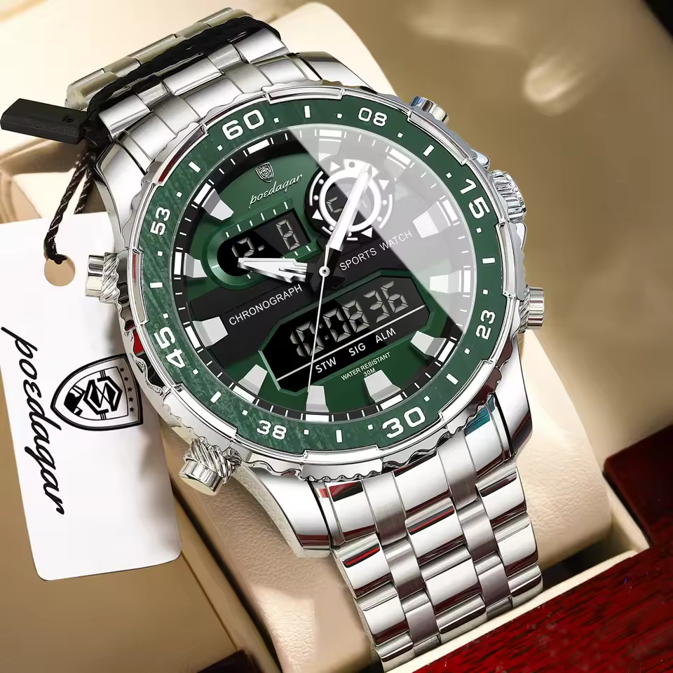 Poedagar E122 Men's Multifunctionality Chronograph Quartz Watch – Silver Green