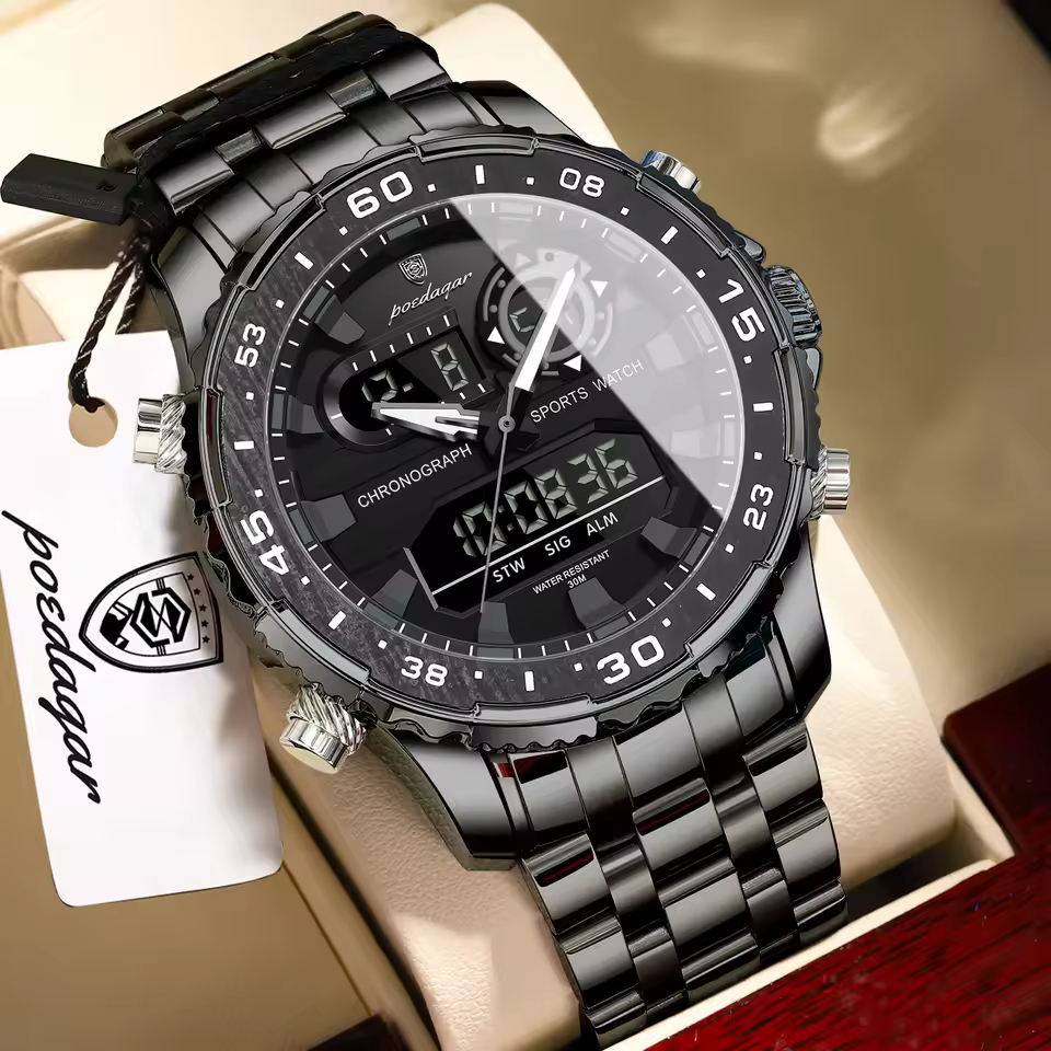 Poedagar E122 Men's Multifunctionality Chronograph Quartz Watch – Black Black