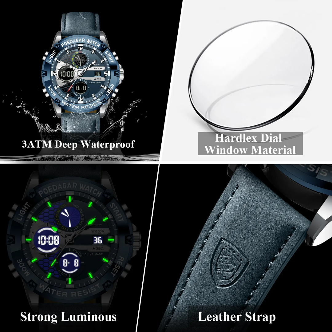 POEDAGAR E125 Premium Analog Digital Dual Display Quartz Watch for Men with Leather Strap – Silver Blue - Image 2