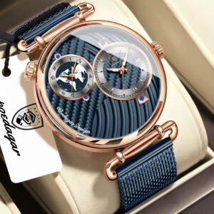POEDAGAR 848 Premium Multi Time Zone Quartz Watch for Men with Stainless Steel Mesh Strap – RoseGold Blue