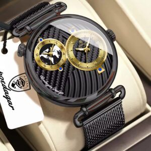 POEDAGAR 848 Premium Multi Time Zone Quartz Watch for Men with Stainless Steel Mesh Strap – Black Black