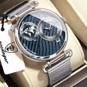 POEDAGAR 848 Premium Multi Time Zone Quartz Watch for Men with Stainless Steel Mesh Strap – Silver Blue
