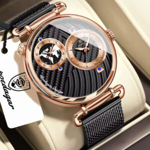 POEDAGAR 848 Premium Multi Time Zone Quartz Watch for Men with Stainless Steel Mesh Strap – RoseGold Black