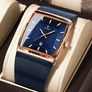 POEDAGAR 885 Premium Rectangular Quartz Watch for Men with Stainless Steel Mesh Strap – RoseGold Blue