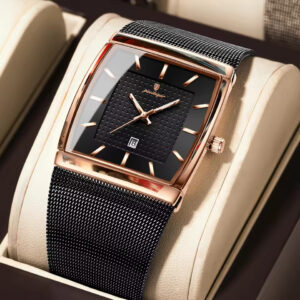 POEDAGAR 885 Premium Rectangular Quartz Watch for Men with Stainless Steel Mesh Strap – RoseGold Black