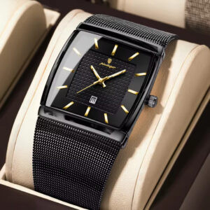 POEDAGAR 885 Premium Rectangular Quartz Watch for Men with Stainless Steel Mesh Strap – Black Black