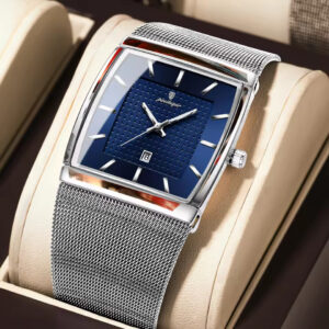 POEDAGAR 885 Premium Rectangular Quartz Watch for Men with Stainless Steel Mesh Strap – Silver Blue