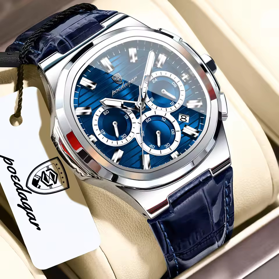 POEDAGAR 834 Premium Chronograph Quartz Watch for Men with Genuine Leather Strap – Silver Blue