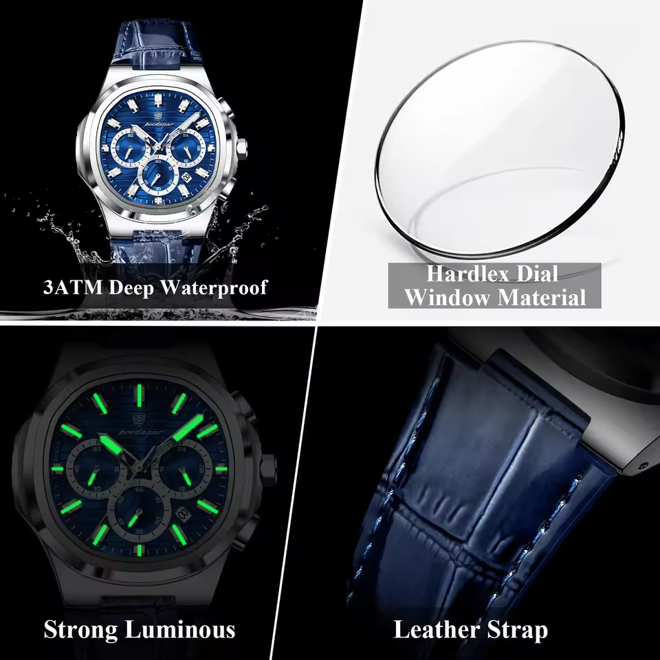 POEDAGAR 834 Premium Chronograph Quartz Watch for Men with Genuine Leather Strap – Silver Blue - Image 2