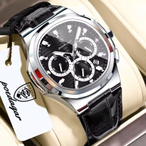 POEDAGAR 834 Premium Chronograph Quartz Watch for Men with Genuine Leather Strap – Silver Black