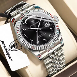 POEDAGAR 845 Premium Day Date Quartz Watch for Men with Stainless Steel Strap – Silver Black