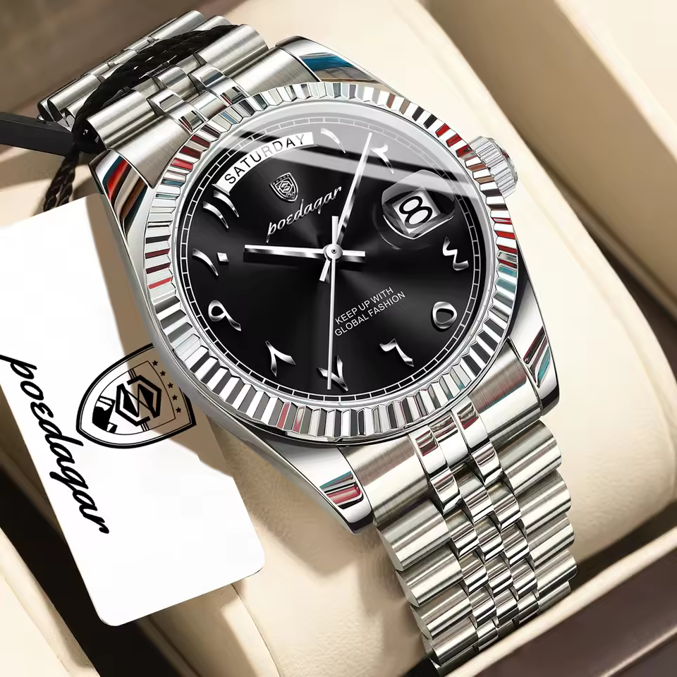 POEDAGAR 845 Premium Day Date Quartz Watch for Men with Stainless Steel Strap – Silver Black