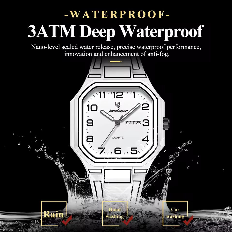 POEDAGAR 608 Premium Day Date Quartz Watch for Men with Silicone Strap – Silver White - Image 4