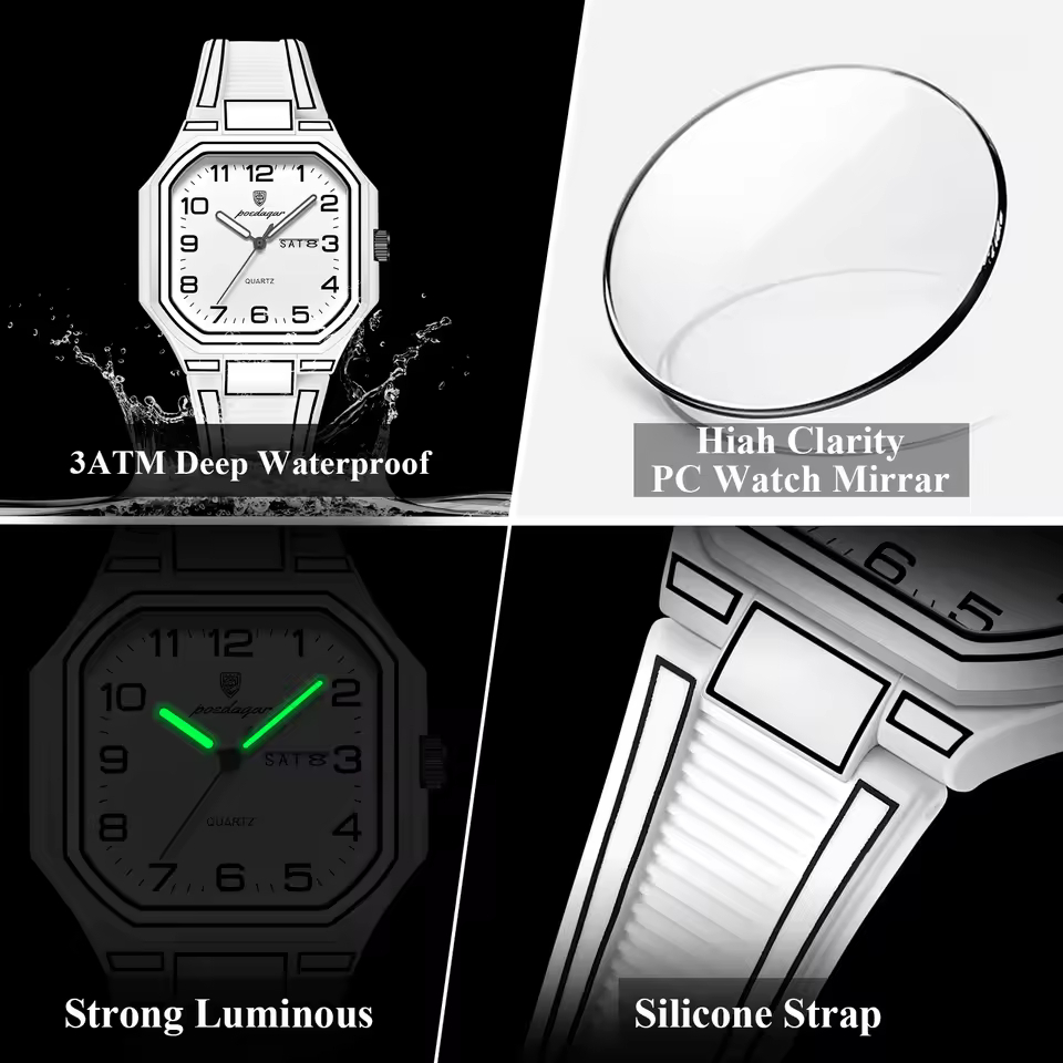 POEDAGAR 608 Premium Day Date Quartz Watch for Men with Silicone Strap – Silver White - Image 2