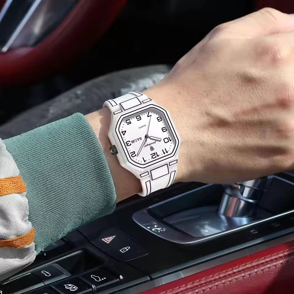 POEDAGAR 608 Premium Day Date Quartz Watch for Men with Silicone Strap – Silver White - Image 3