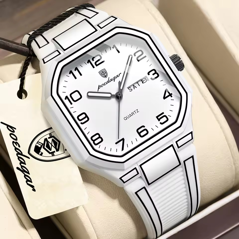 POEDAGAR 608 Premium Day Date Quartz Watch for Men with Silicone Strap – Silver White