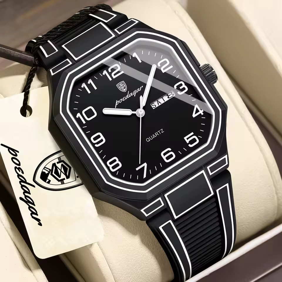 POEDAGAR 608 Premium Day Date Quartz Watch for Men with Silicone Strap – Black Black