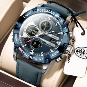POEDAGAR E125 Premium Analog Digital Dual Display Quartz Watch for Men with Leather Strap – Silver Blue