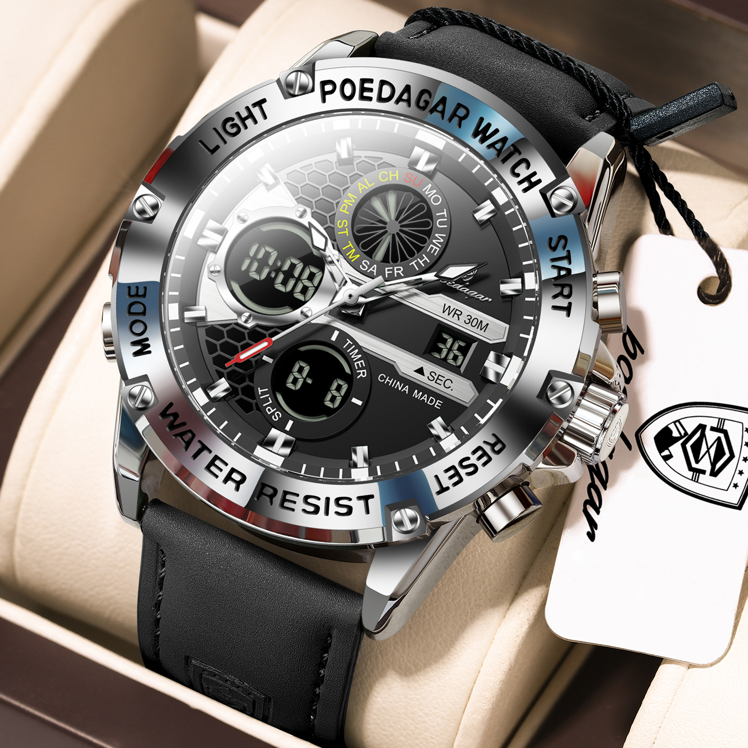 POEDAGAR E125 Premium Analog Digital Dual Display Quartz Watch for Men with Leather Strap – Silver Black