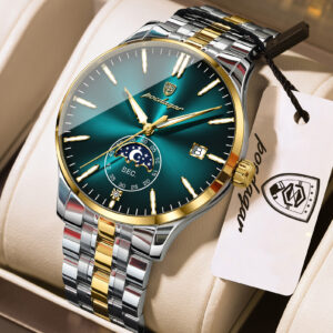 POEDAGAR 854 Premium Moon Phase Quartz Watch for Men – Gold MintBlue