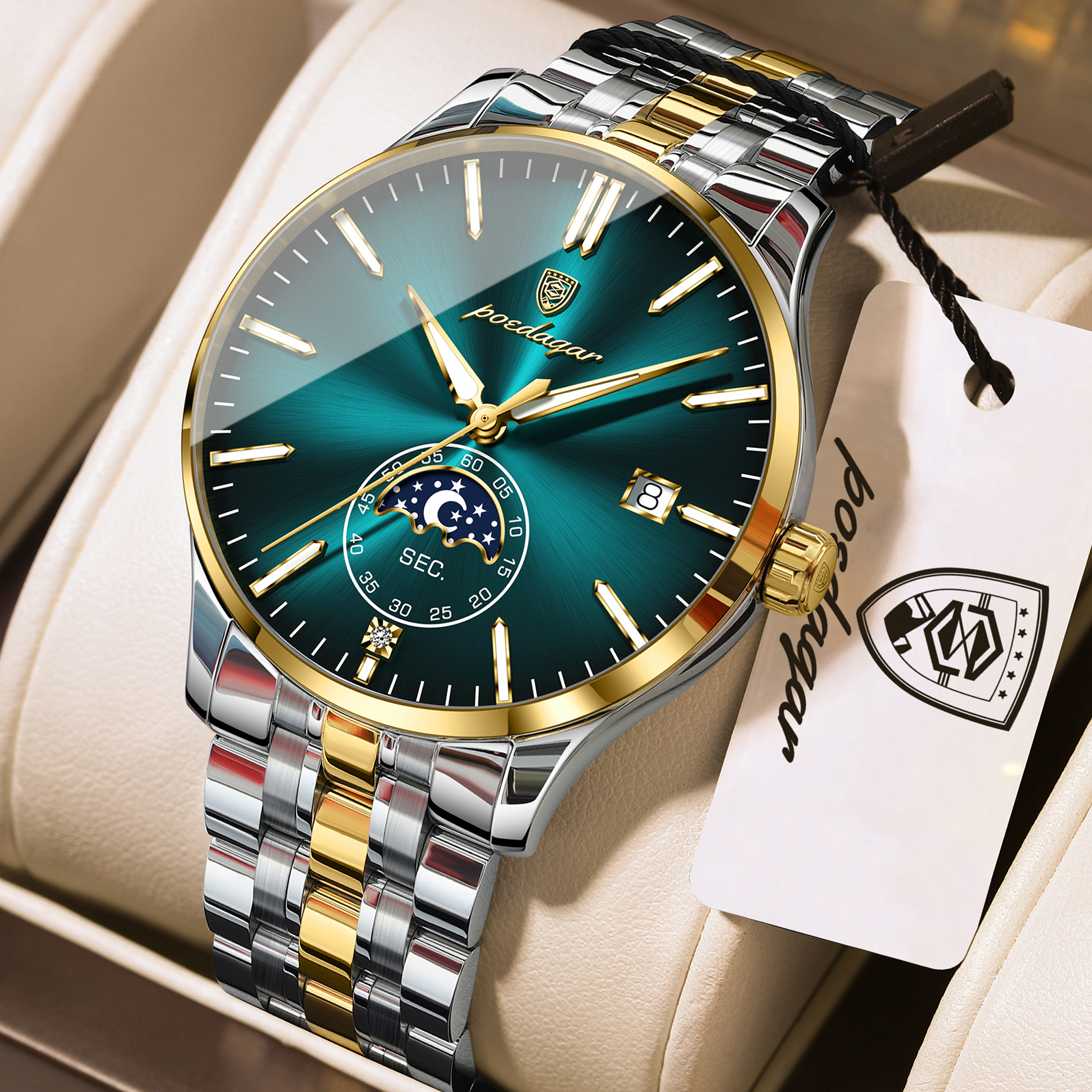 POEDAGAR 854 Premium Moon Phase Quartz Watch for Men – Gold MintBlue