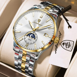 POEDAGAR 854 Premium Moon Phase Quartz Watch for Men – Gold White