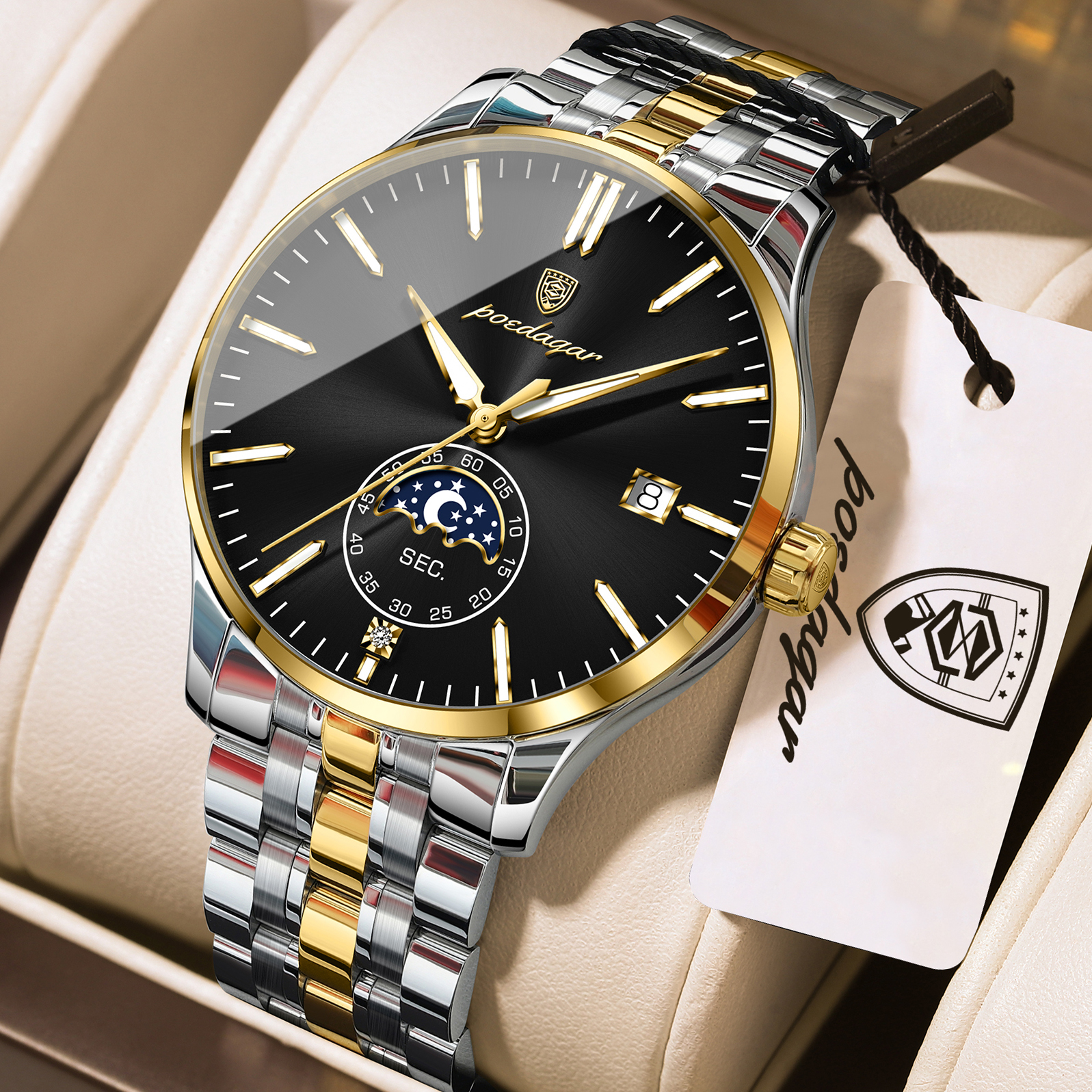 POEDAGAR 854 Premium Moon Phase Quartz Watch for Men – Gold Black
